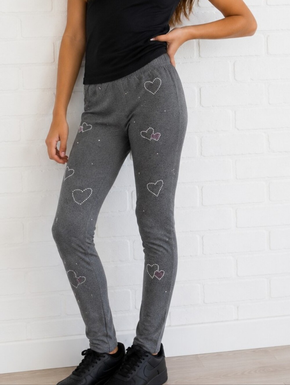 Gray Rhinestone Heart Leggings Girls 12/16 Y2K Coquette Stretch Pants Bling Stre